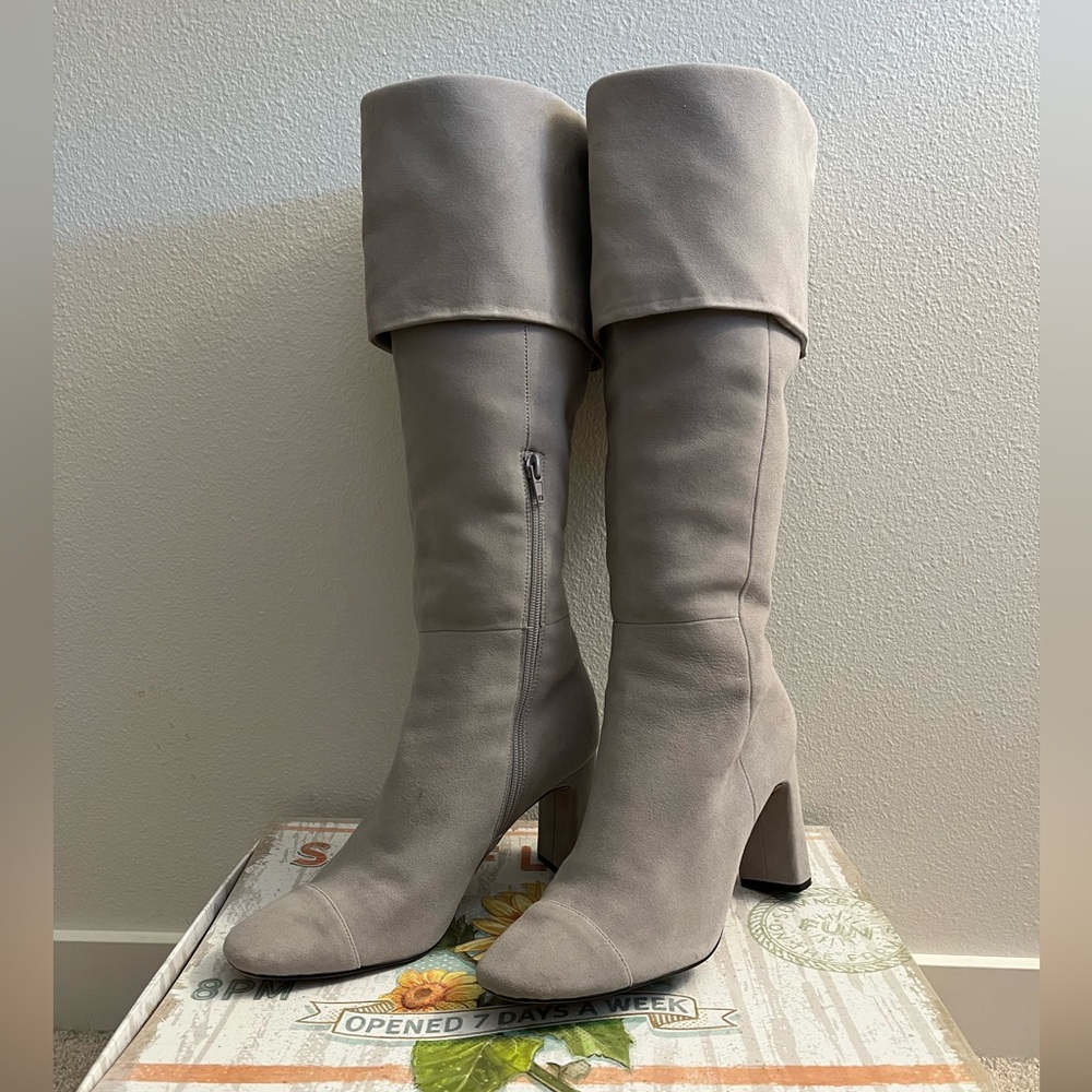 Something Navy Suede Boots, gray, size 9